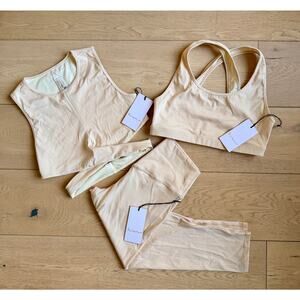 Revolve Lovewave 3-piece Legging, Bra, Crop Top set - Small - NWT - Cream